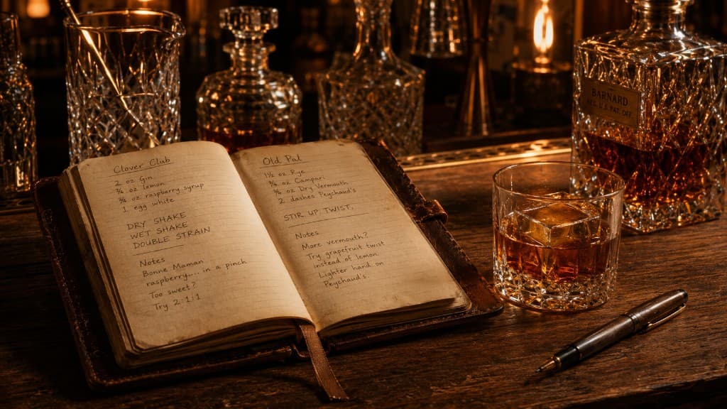 An open leather-bound cocktail notebook on a wooden bar beside a rocks glass and fountain pen