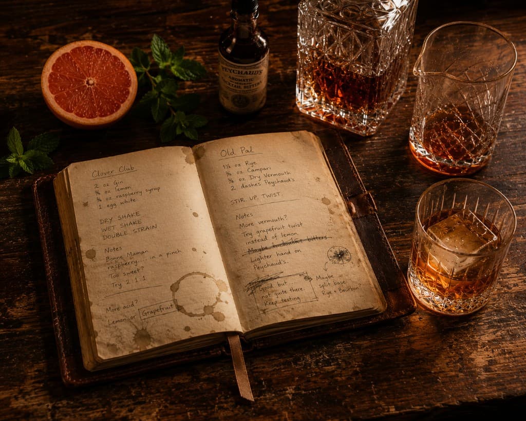 A working bartender's notebook. Ratios crossed out, ingredients swapped, the same drink getting better over months.
