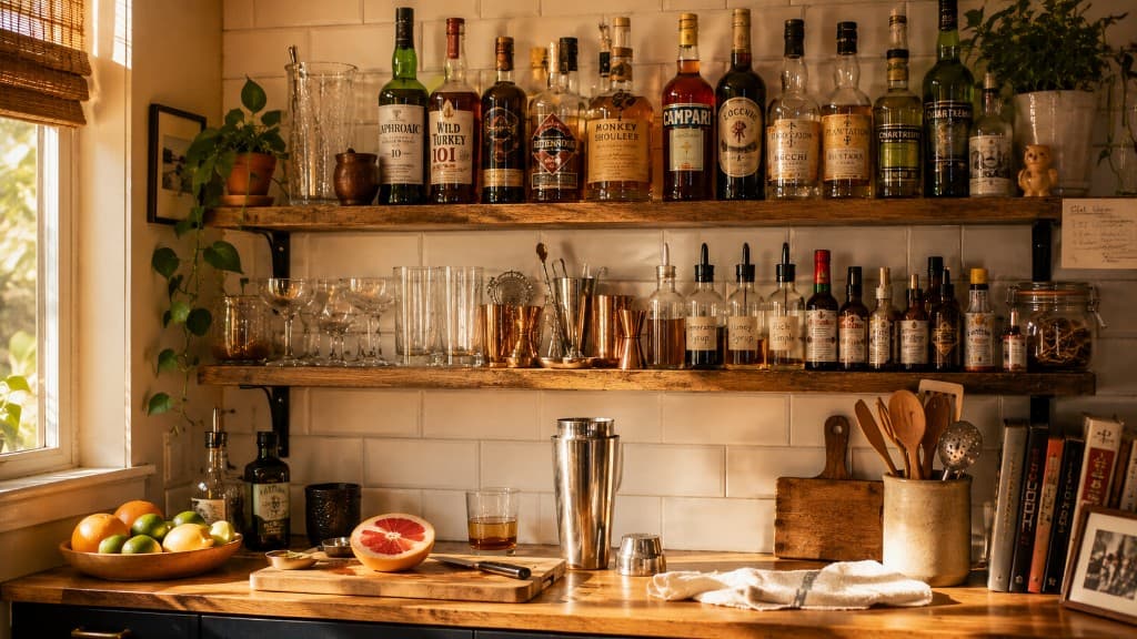 A lived-in home bar with wooden shelves of spirits, syrups, bitters, and bar tools against subway tile