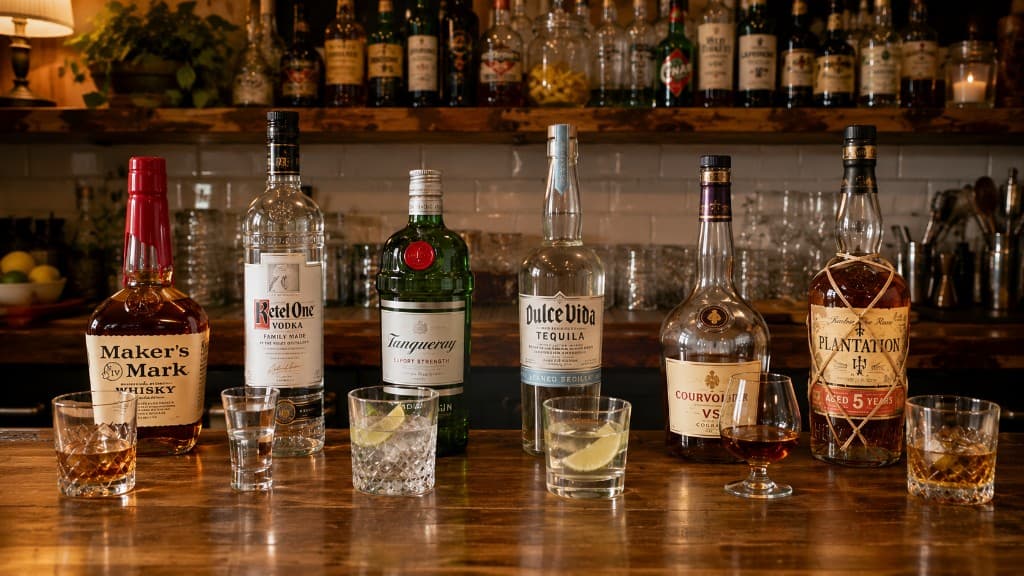 Six bottles representing whiskey, gin, rum, brandy, agave, and vodka — a curated reference set for the spirit taxonomy.