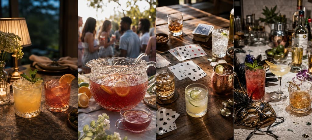 Four ways a bar becomes shared — an intimate evening, a garden punch party, a game night, and a festive celebration.