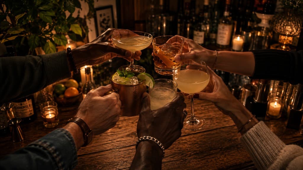 A shared bar scene — multiple glasses on a counter, evening light, the bar belonging to the people drinking from it.
