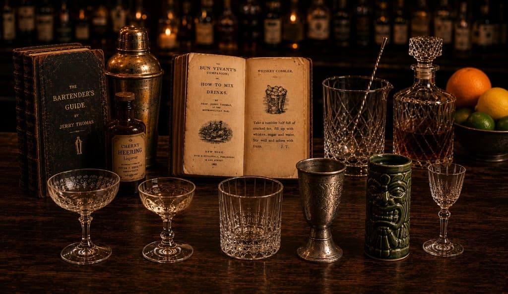 A historical still life suggesting the sweep of cocktail history — vintage barware beside a weathered cocktail manual.