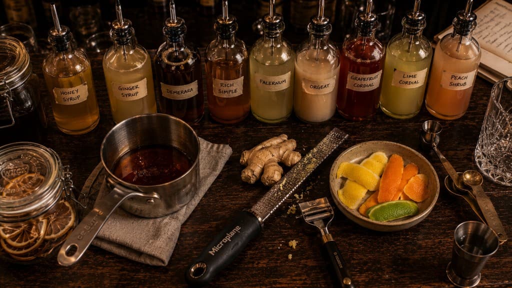 A prep station with hand-labeled syrup bottles, citrus tools, and the working infrastructure of a home bar.
