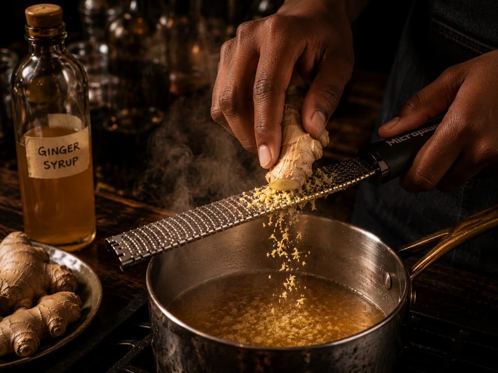 Fresh honey-ginger syrup, mid-production. The single biggest difference between a good Penicillin and a great one.