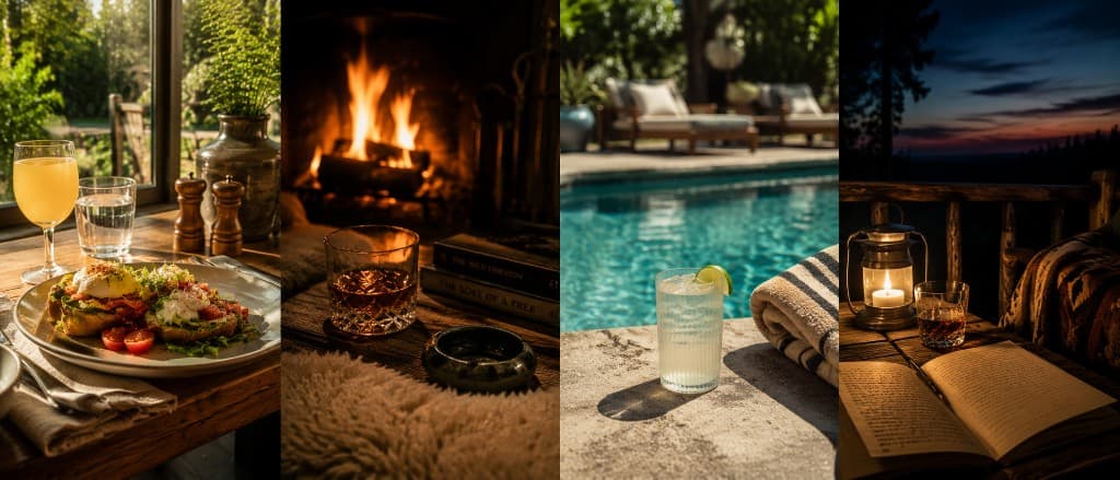 Four moods in one frame — sunny brunch, cozy fireside, poolside summer, and a contemplative evening.