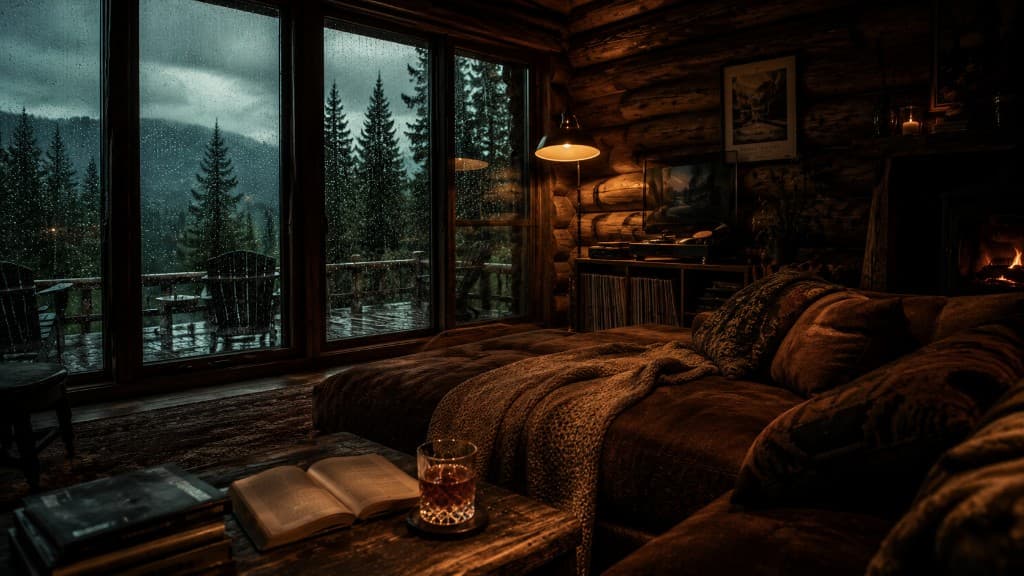 An ambient scene evoking mood over ingredient — rain on a window, lamplight, a cocktail beside an open book.