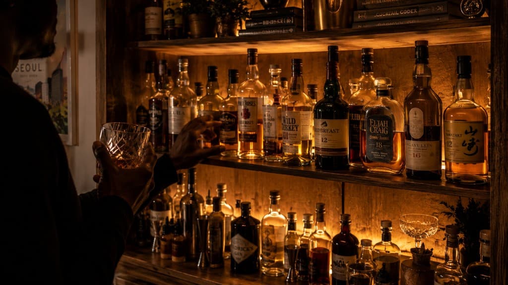 The moment of decision at a home bar — looking at the shelf, deciding what to make from what's available.