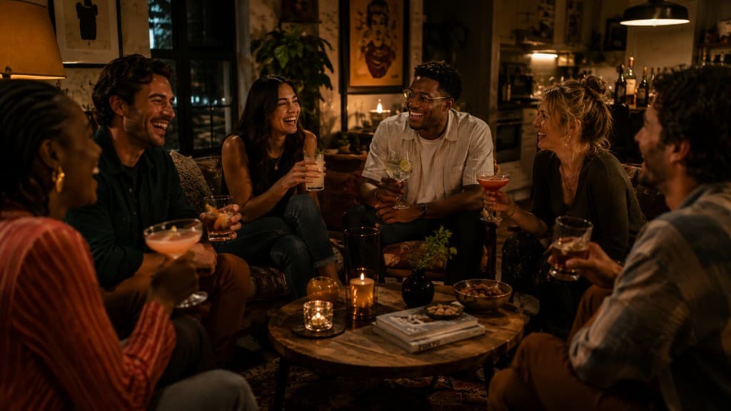 Friends gathered around a coffee table with cocktails, laughing together in a warm living room at night.